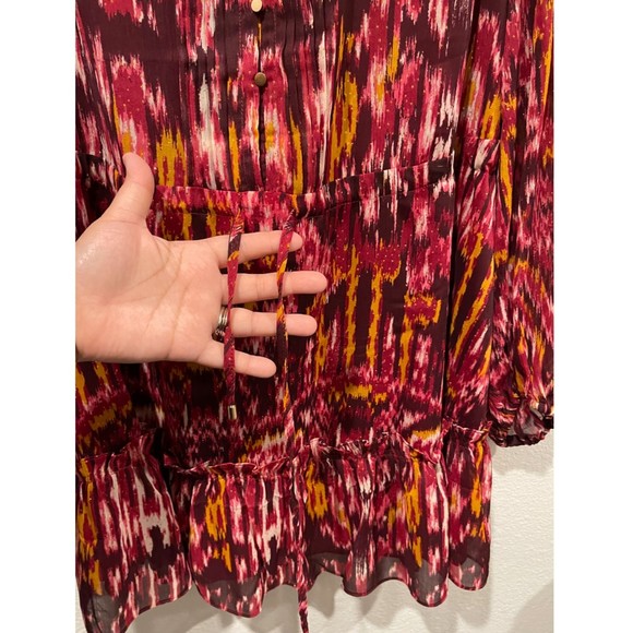 HOUSE OF HARLOW 1960 Burgundy Chiffon Ruffle Neck Long Sleeve Mini Dress - Picture 5 of 6